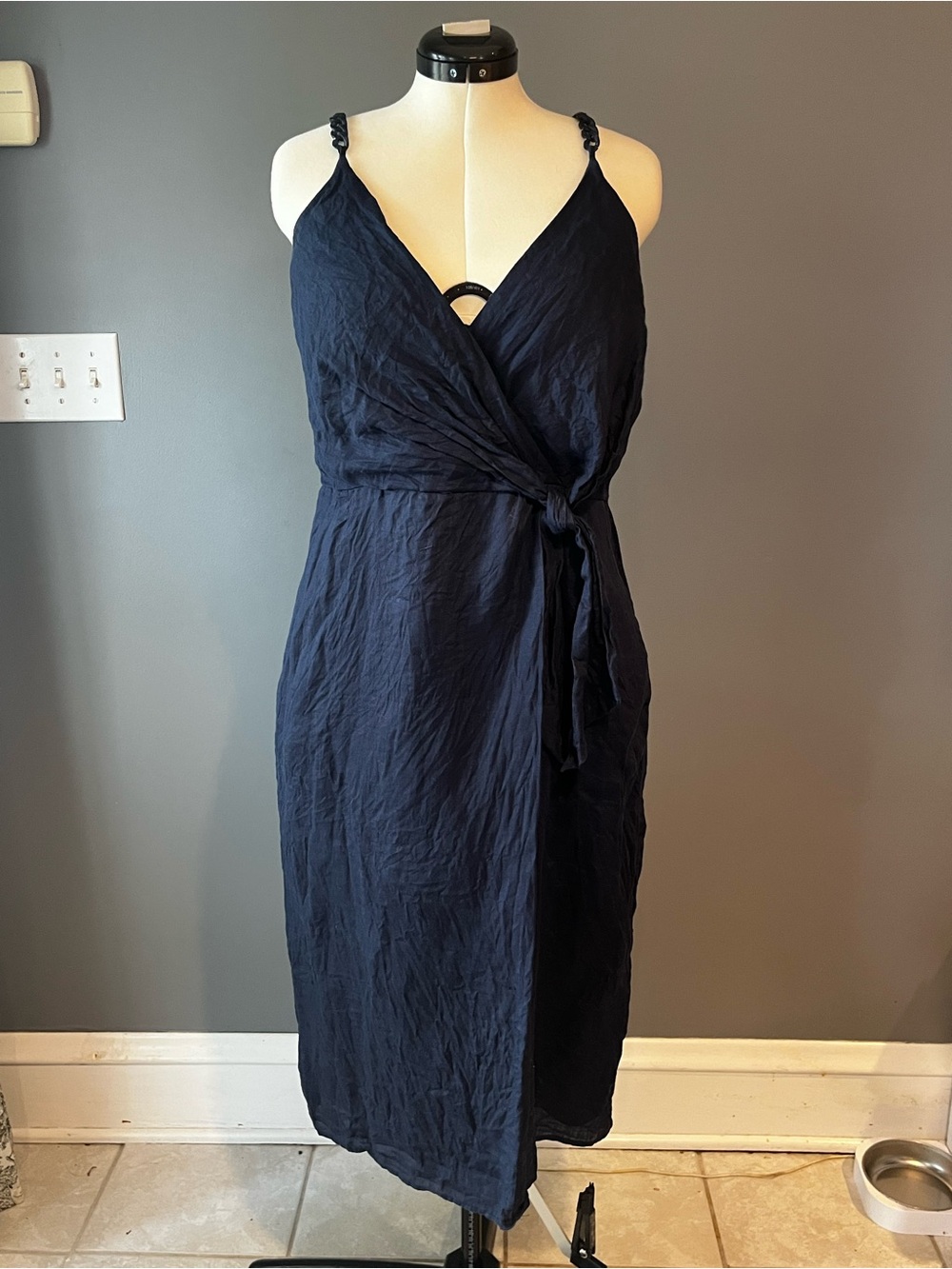 Reiss Navy Wrap-Style Midi Dress with Tie Waist